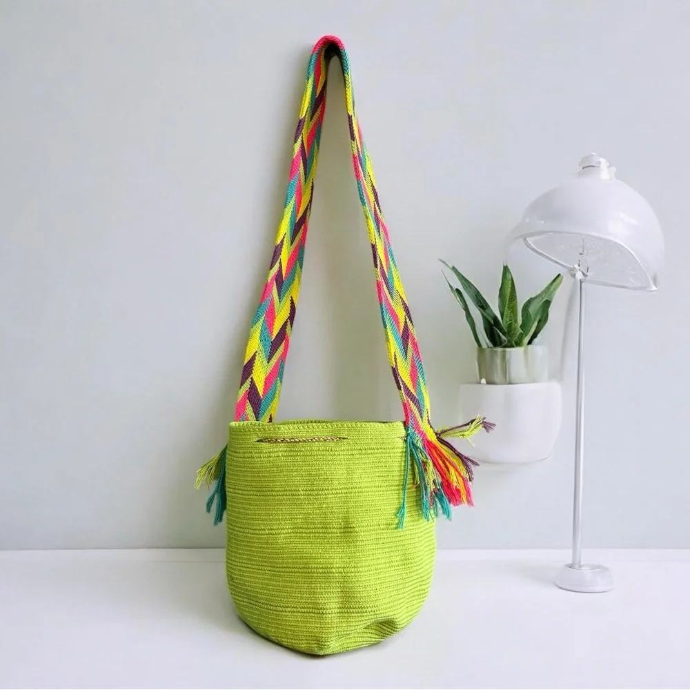 Colombian Wayuu Vibrant Multicolor Bright Green Woven Mochila Crochet Bucket Bag